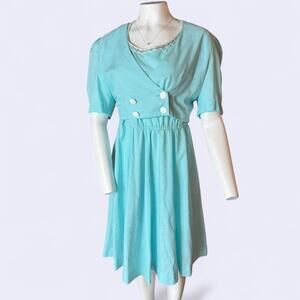 Blue 80s vintage handmade dress with white buttons and scalloped collar